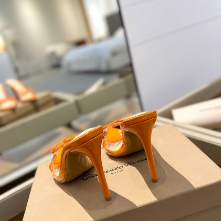 GIANVITO ROSSI 26S HEELED SANDALS 105 MM IN ORANGE PATENT CALFSKIN WITH BOW