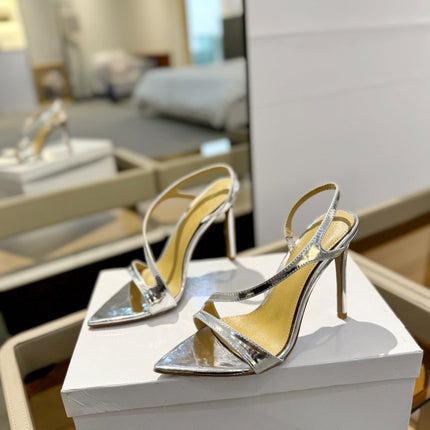 GIANVITO ROSSI 26S STRAPPY HIGH-HEEL SANDALS 105 MM IN SILVER PATENT CALFSKIN