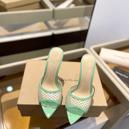 GIANVITO ROSSI 26S HEELED SANDALS 105 MM IN MINT GREEN MESH FABRIC AND CALFSKIN
