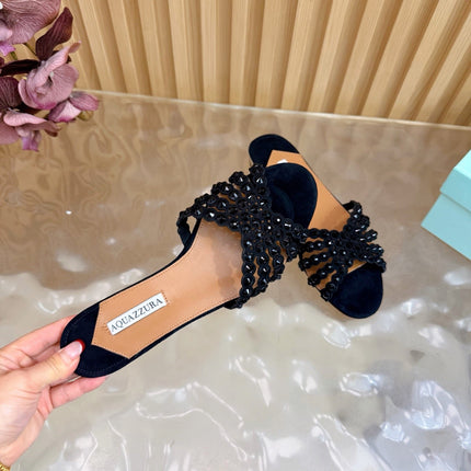 AQUAZZURA 26S SLIDES IN BLACK SUEDE CRYSTAL-EMBELLISHED STRAPS