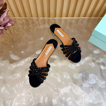 AQUAZZURA 26S SLIDES IN BLACK SUEDE CRYSTAL-EMBELLISHED STRAPS