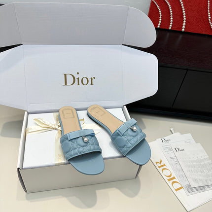 DIOR 26S SLIDE SANDALS IN BLUE QUILTED CALFSKIN WITH BOW