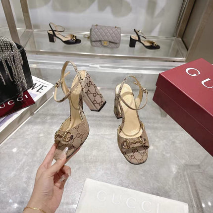 GG HEELED SANDALS 95MM IN DARK BEIGE CANVAS WITH GOLD HARDWARE
