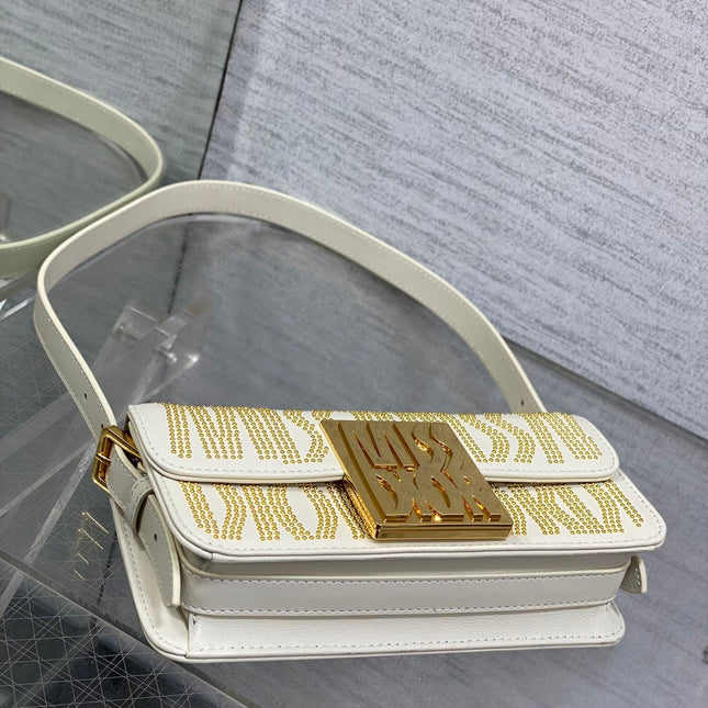 MINI 18 FLAP BAG IN WHITE LAMBSKIN WITH GOLD RHINSTONES