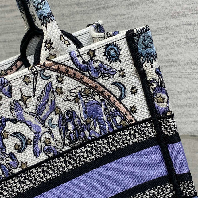 DIOR 25S SMALL BOOK TOTE 26 IN WHITE AND PURPLE DIOR NIGHT OF DREAMS EMBROIDERY
