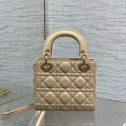 DIOR 25S MINI LADY DIOR BAG 17 IN BISCUIT CALFSKIN CHARM CRYSTAL EMBELLISHMENTS