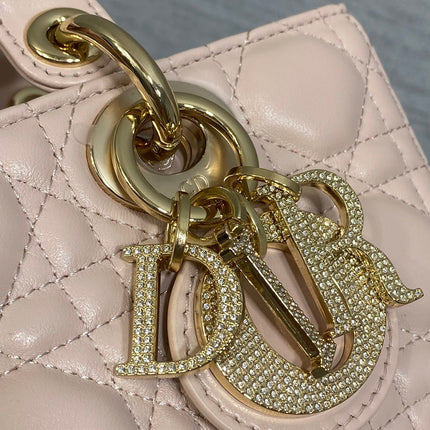 DIOR 25S SMALL LADY D‑JOY BAG 22 IN BABY PINK CALFSKIN GOLD HARDWARE