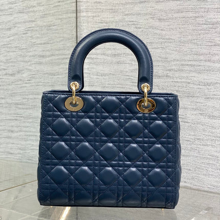 DIOR 25S MEDIUM LADY BAG 24 IN DEEP OCEAN BLUE CALFSKIN GOLD HARDWARE