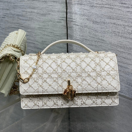 DIOR 26S MINI BAG 21 IN WHITE CALFSKIN ARTIFICIAL PEARL EMBELLISHED