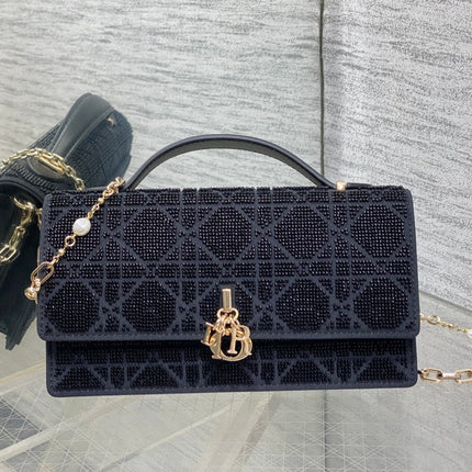 DIOR 26S MINI BAG 21 IN BLACK CALFSKIN MICROBEAD EMBROIDERED WITH CANNAGE MOTIF