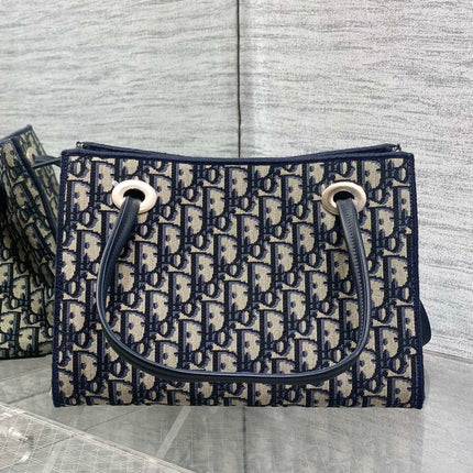 DIOR 26S MEDIUM PROMENADE SHOPPING BAG 27 IN BLUE DIOR OBLIQUE JACQUARD FABRIC