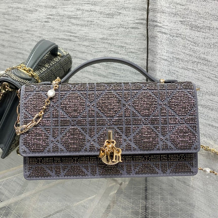 DIOR 26S MINI BAG 21 IN GRAY PURPLE CALFSKIN MICROBEAD EMBROIDERED WITH CANNAGE MOTIF