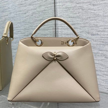 DIOR 26S LARGE CIGALE BAG 33 IN BEIGE TAUPE SMOOTH CALFSKIN GOLD HARDWARE