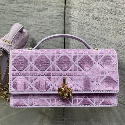 DIOR 26S MINI BAG 21 IN LAVENDER PURPLE CALFSKIN MICROBEAD EMBROIDERED WITH CANNAGE MOTIF