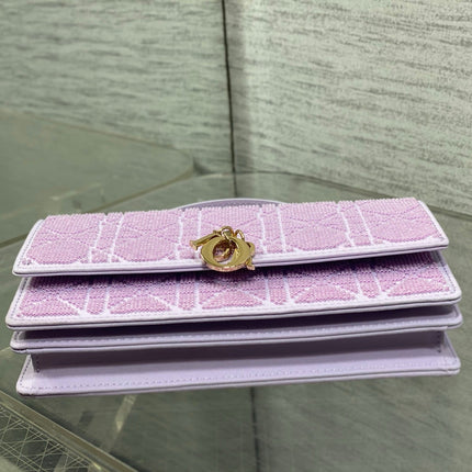 DIOR 26S MINI BAG 21 IN LAVENDER PURPLE CALFSKIN MICROBEAD EMBROIDERED WITH CANNAGE MOTIF