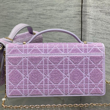 DIOR 26S MINI BAG 21 IN LAVENDER PURPLE CALFSKIN MICROBEAD EMBROIDERED WITH CANNAGE MOTIF