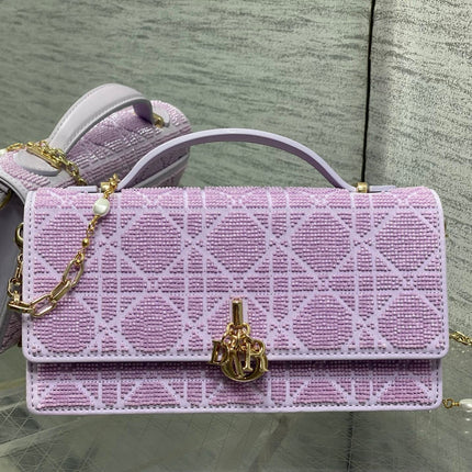 DIOR 26S MINI BAG 21 IN LAVENDER PURPLE CALFSKIN MICROBEAD EMBROIDERED WITH CANNAGE MOTIF