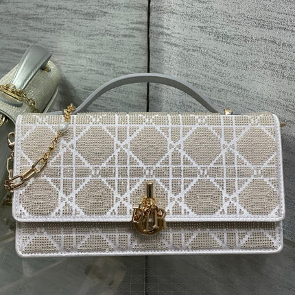 DIOR 26S MINI BAG 21 IN SILVER CALFSKIN MICROBEAD EMBROIDERED WITH CANNAGE MOTIF