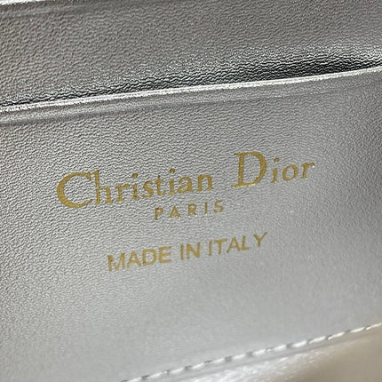 DIOR 26S MINI BAG 21 IN SILVER CALFSKIN MICROBEAD EMBROIDERED WITH CANNAGE MOTIF