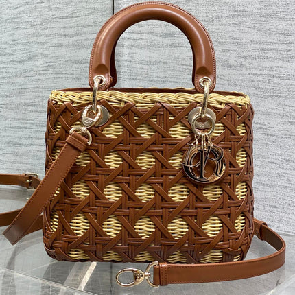 DIOR 26S LADY DIOR WICKER CANNAGE 24 IN CARAMEL BROWN CALFSKIN GOLD HARDWARE