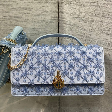 DIOR 26S MINI BAG 21 IN LIGHT BLUE CALFSKIN FLORAL BEADED