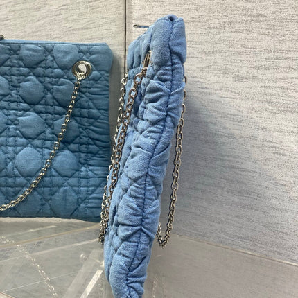 DIOR 26S LARGE MILLY-LA-FORET BAG 38 IN BLUE DENIM SILVER HARDWARE