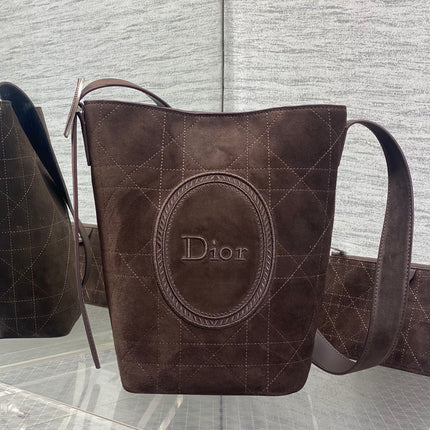 DIOR 26S MEDAILLON BUCKET BAG 25 IN BROWN SUEDE SILVER HARDWARE