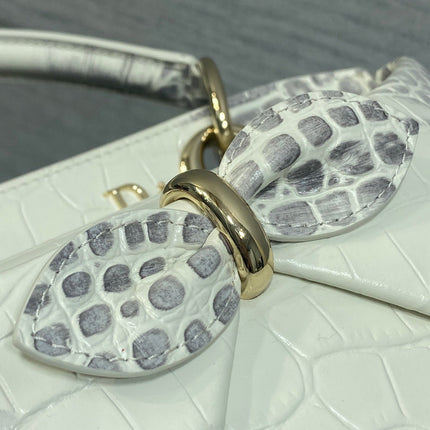 DIOR 26S CIGALE BAG 28 IN WHITE AND GRAY CROCODILE-EMBOSSED CALFSKIN GOLD HARDWARE