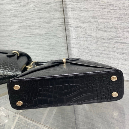 DIOR 26S CIGALE BAG 28 IN BLACK CROCODILE-EMBOSSED CALFSKIN GOLD HARDWARE