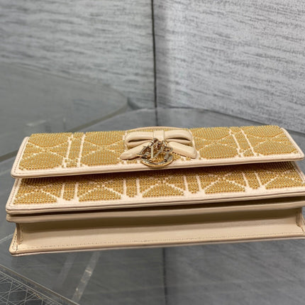 DIOR 26S MINI BAG 21 IN CARAMEL BEIGE CALFSKIN MICROBEAD EMBROIDERED WITH BOW CANNAGE MOTIF