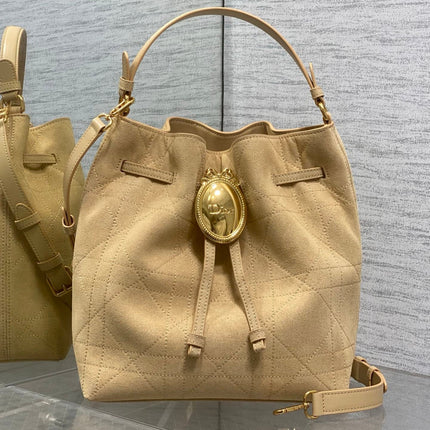 DIOR 26S BUCKET BAG 27 IN BEIGE SUEDE GOLD HARDWARE