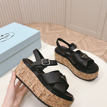 PRA WEDGE PLATFORM SANDALS BLACK CALFSKIN