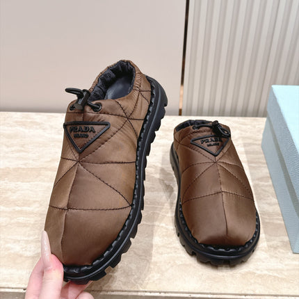 PRADA 26S QUILTED DRAWCORD MULE SHOES 30MM IN DARK BROWN NYLON