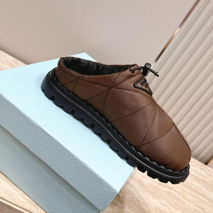 PRADA 26S QUILTED DRAWCORD MULE SHOES 30MM IN DARK BROWN NYLON