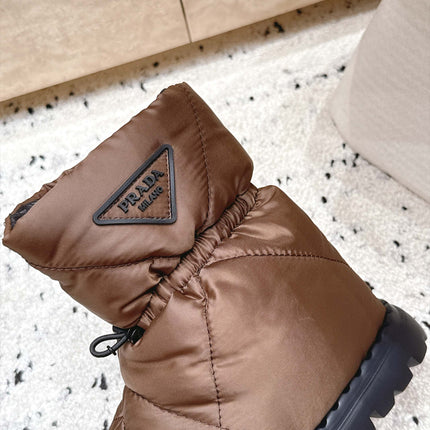 PRADA 26S DRAWCORD SNOW BOOTS 30MM IN DARK BROWN WATERPROOF FABRIC