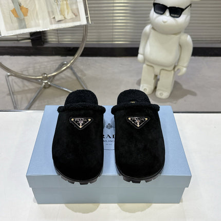PRADA 25S FUR-LINED SABOT MULES IN BLACK SUEDE