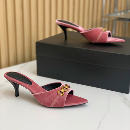 SL CHAIN ATTACH HEELED MULES BLUSH PINK VELVET