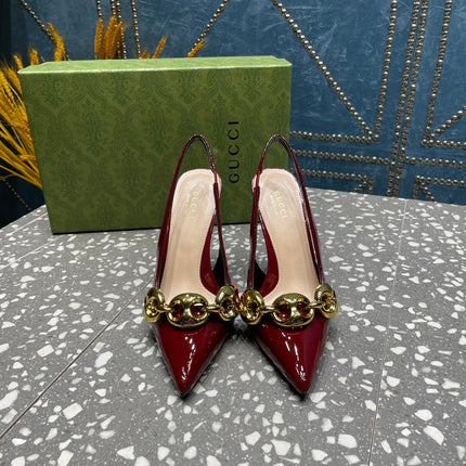 WOMEN'S SLINGBACK 10.5 CM IN GARNET RED CALFSKIN WITH GOLD HARDWARE