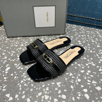 RAFFIA AND LEATHER WHITNEY SLIDE BLACK