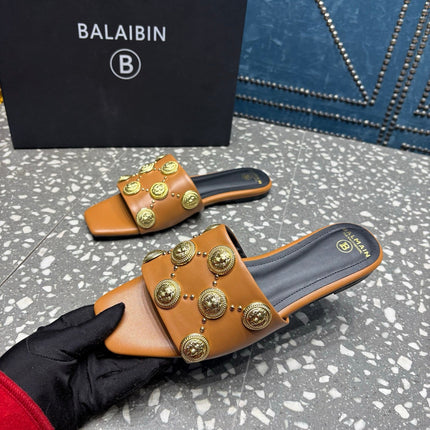 BALMAIN 26S SLIPPERS IN BROWN CALFSKIN WITH GOLD HARDWARE