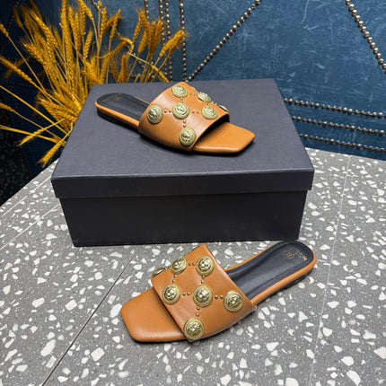 BALMAIN 26S SLIPPERS IN BROWN CALFSKIN WITH GOLD HARDWARE