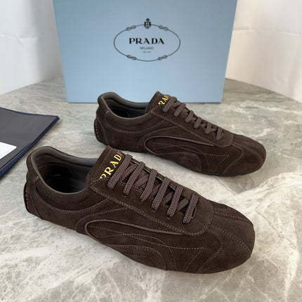 PRADA 25S MONTECARLO ANTIQUED SNEAKERS IN DARK BROWN SUEDE