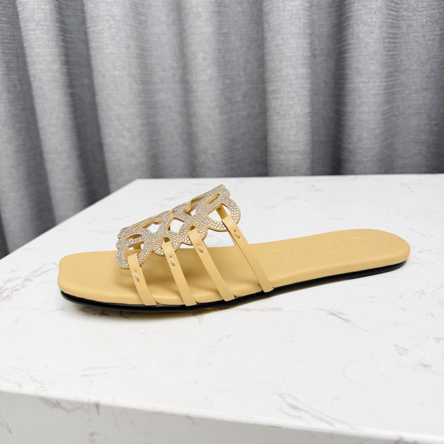 LOEWE 26S FLAT SANDALS IN WARM BEIGE CALFSKIN WITH CRYSTALS