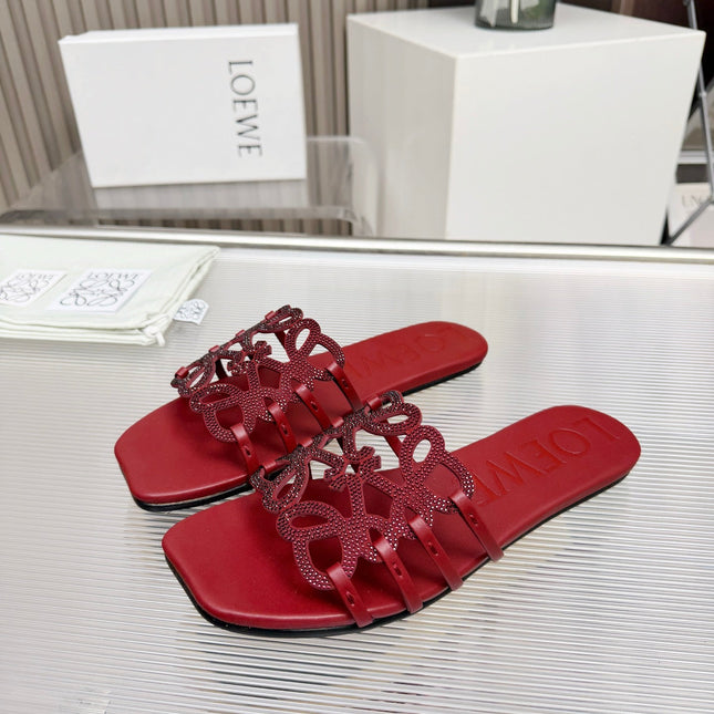 LOEWE 26S FLAT SANDALS IN DARK RED CALFSKIN WITH CRYSTALS