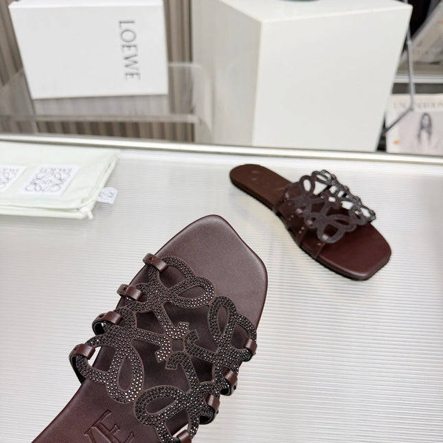 LOEWE 26S FLAT SANDALS IN DARK BROWN CALFSKIN WITH CRYSTALS
