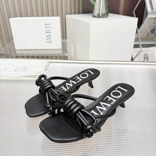 LOEWE 26S KITTEN HEEL KNOT SANDALS 45MM IN BLACK CALFSKIN