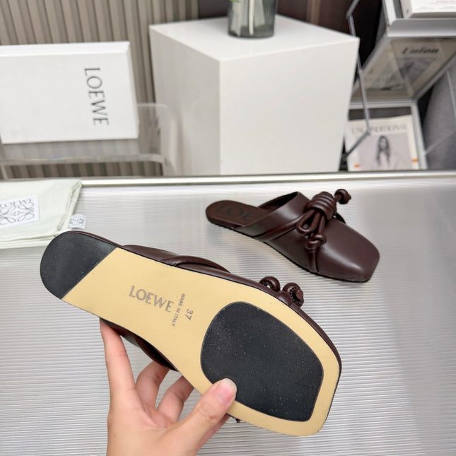 LOEWE 26S MULE LOAFERS IN DARK BROWN CALFSKIN KNOT DETAIL