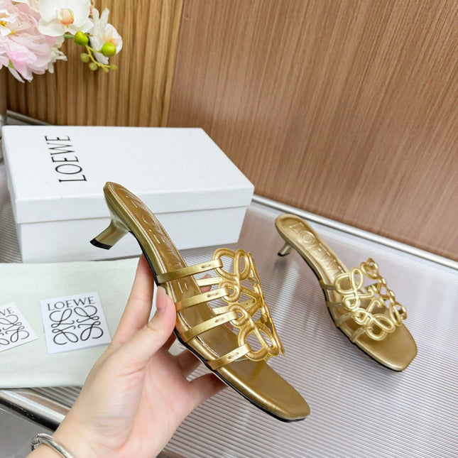LOEWE 26S PETAL ANAGRAM KITTEN HEEL SANDALS 45MM IN GOLD SOFT CALFSKIN