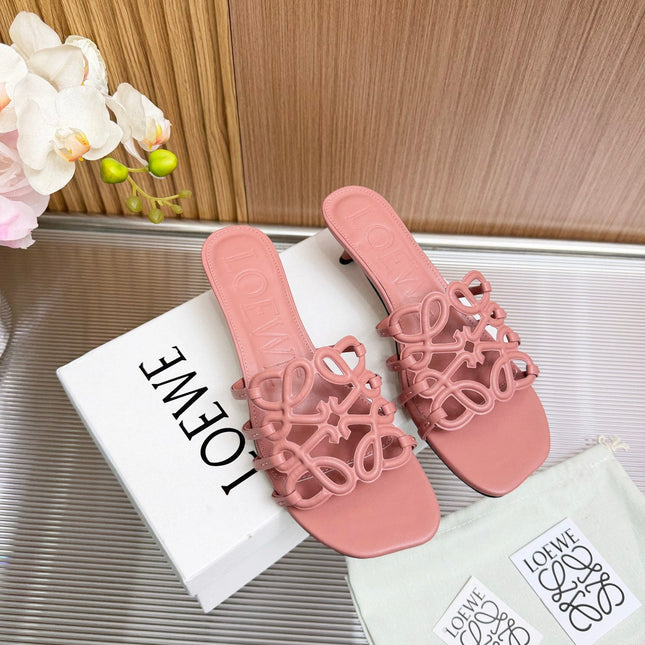 LOEWE 26S PETAL ANAGRAM KITTEN HEEL SANDALS 45MM IN PINK SOFT CALFSKIN