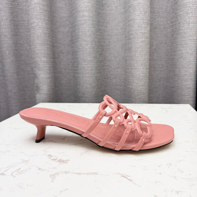 LOEWE 26S PETAL ANAGRAM KITTEN HEEL SANDALS 45MM IN PINK SOFT CALFSKIN